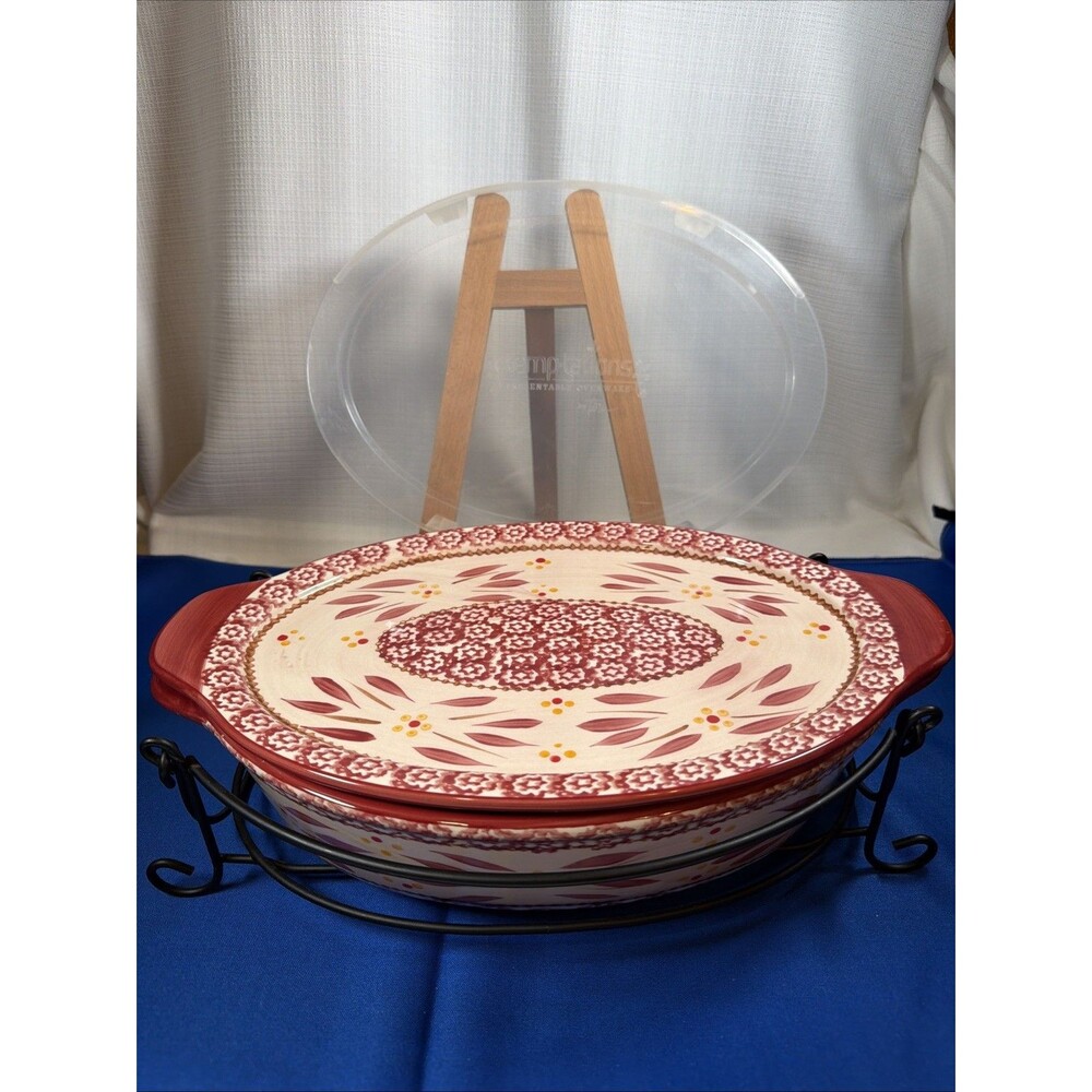 Temptations Old World Cranberry 2.5 Qt Oval Casserole Nesting Bowl Lid Rack Set
